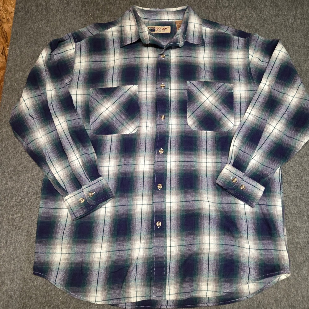 Big Mac Vintage Flannel Shirt Mens XL Shadow Plaid Cotton Long Sleeve Ombre